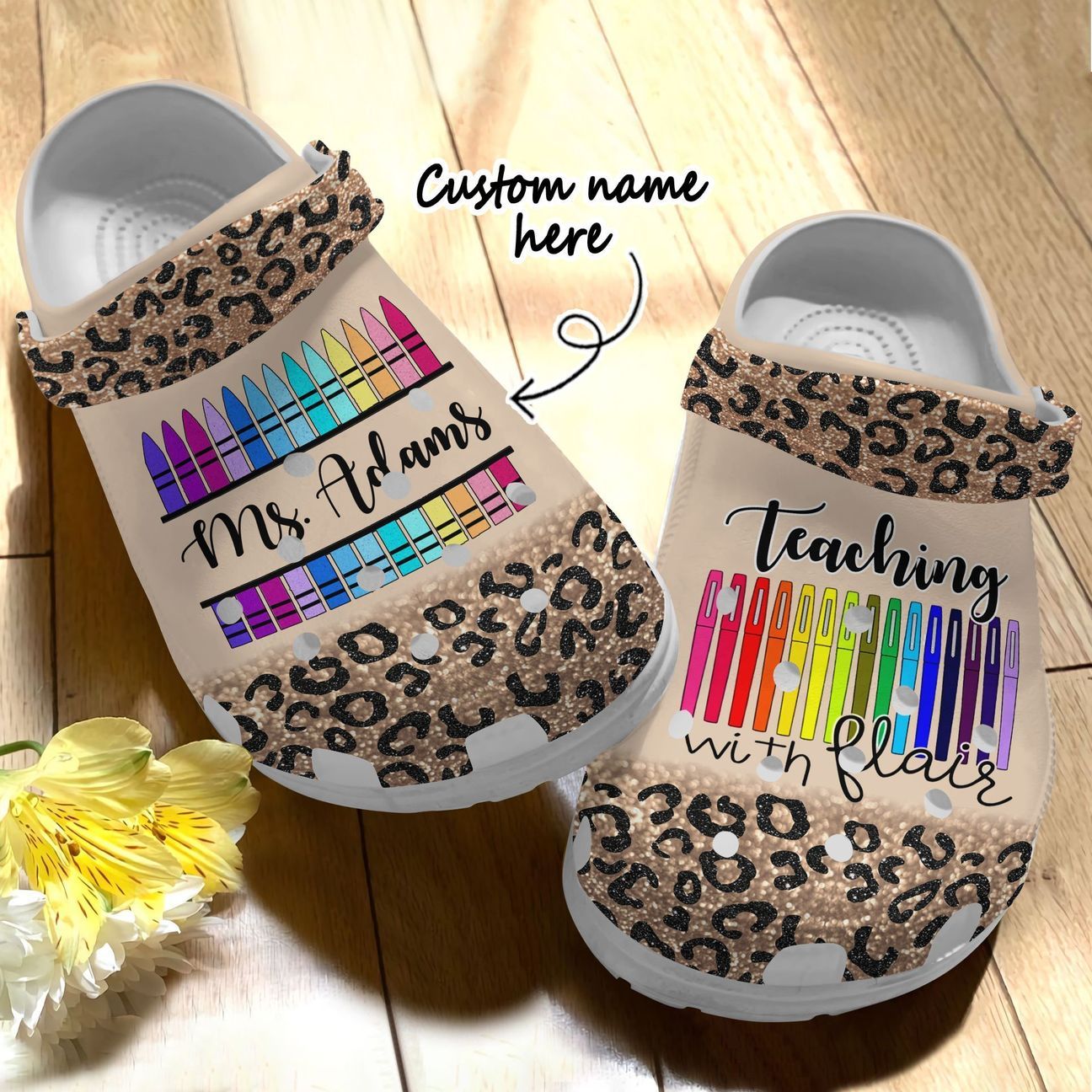 Teacher Personalized Clog, Custom Name, Text Cheetah Flair, Fashion Style For Women, Men, Kid, Print 3D