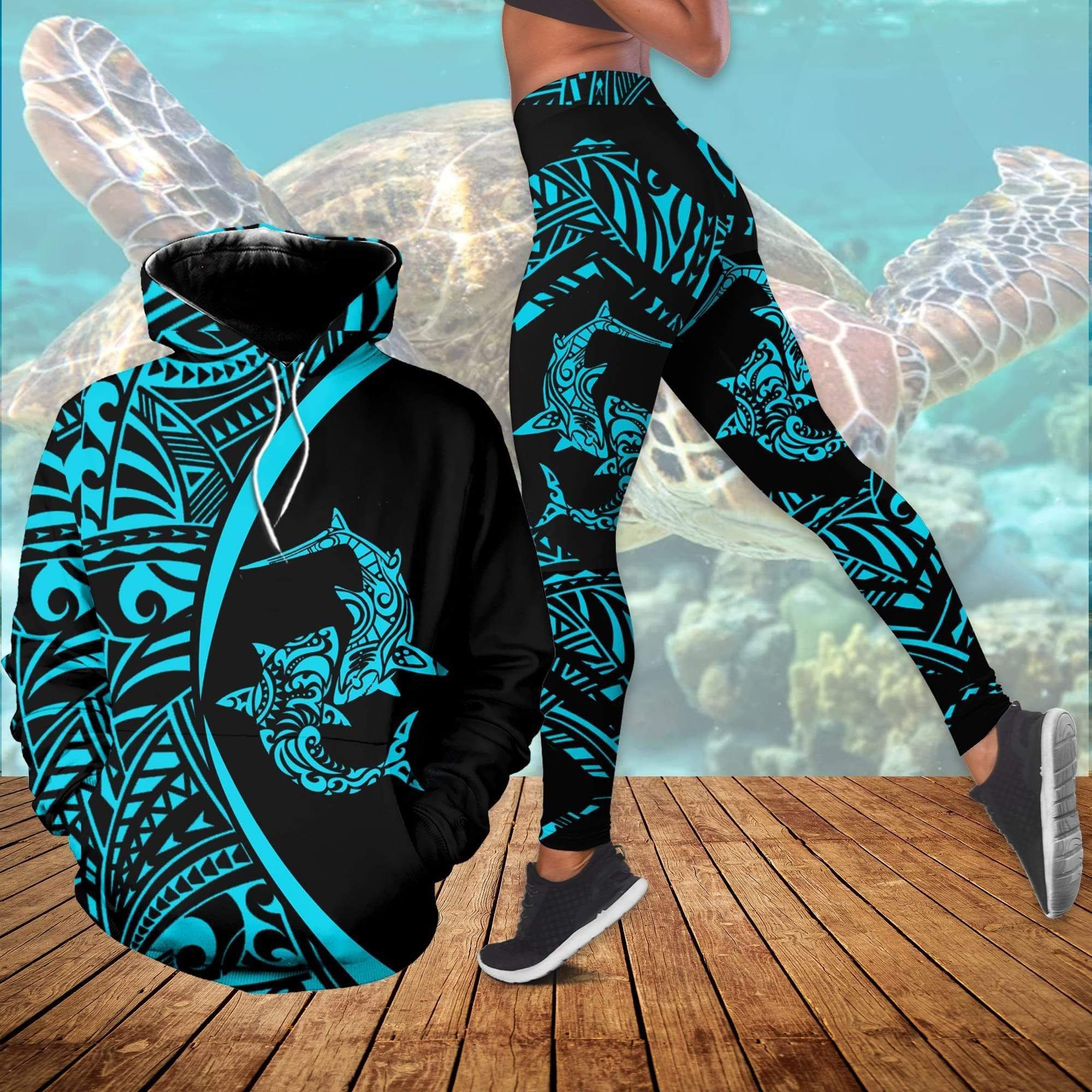 Couple Sharks All Over Print Leggings Hoodie Set Outfit For Women | Hts1251