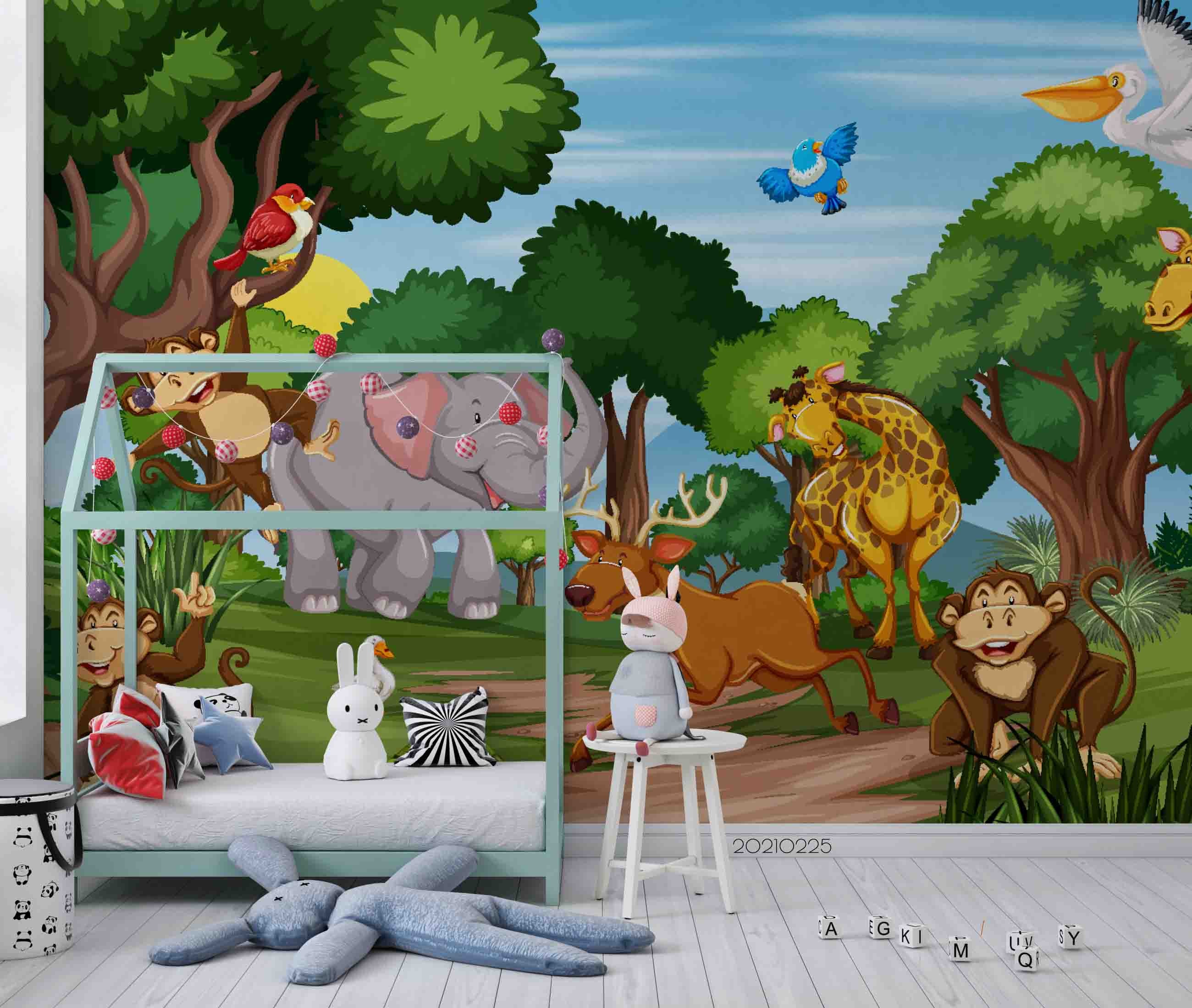 3D Cartoon Forest Animal Lion Zebra Giraffe Wall Mural Wallpaper Lqh 211