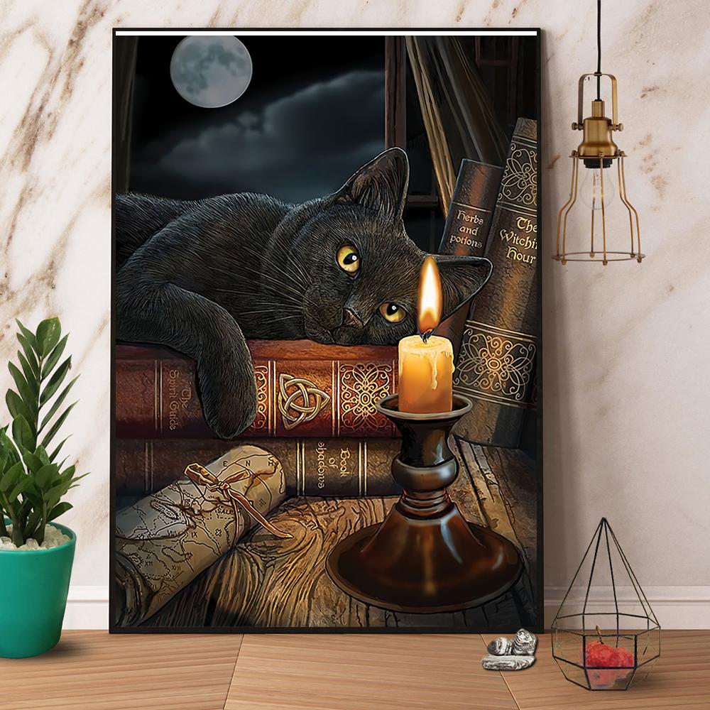 Black Cat And Books Paper Poster No Frame - ReadingLLC
