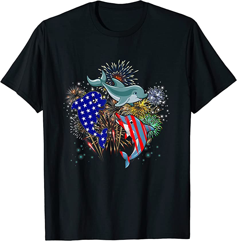 Dolphin Fireworks American Flag USA 4th of July T-Shirt