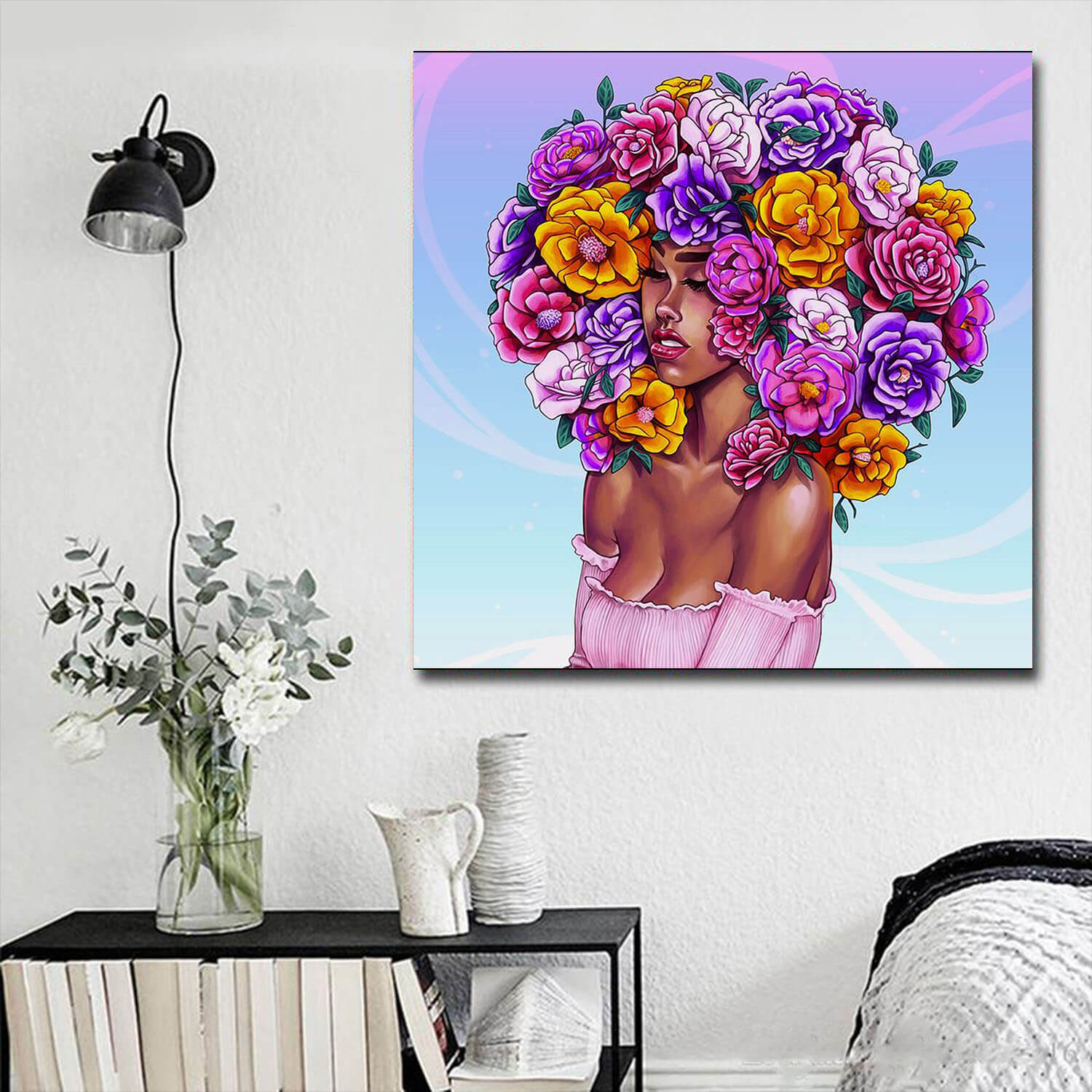 African Canvas Art Colorful Flower Hair Melanin Girl Afrocentric Home Decor WBG4366