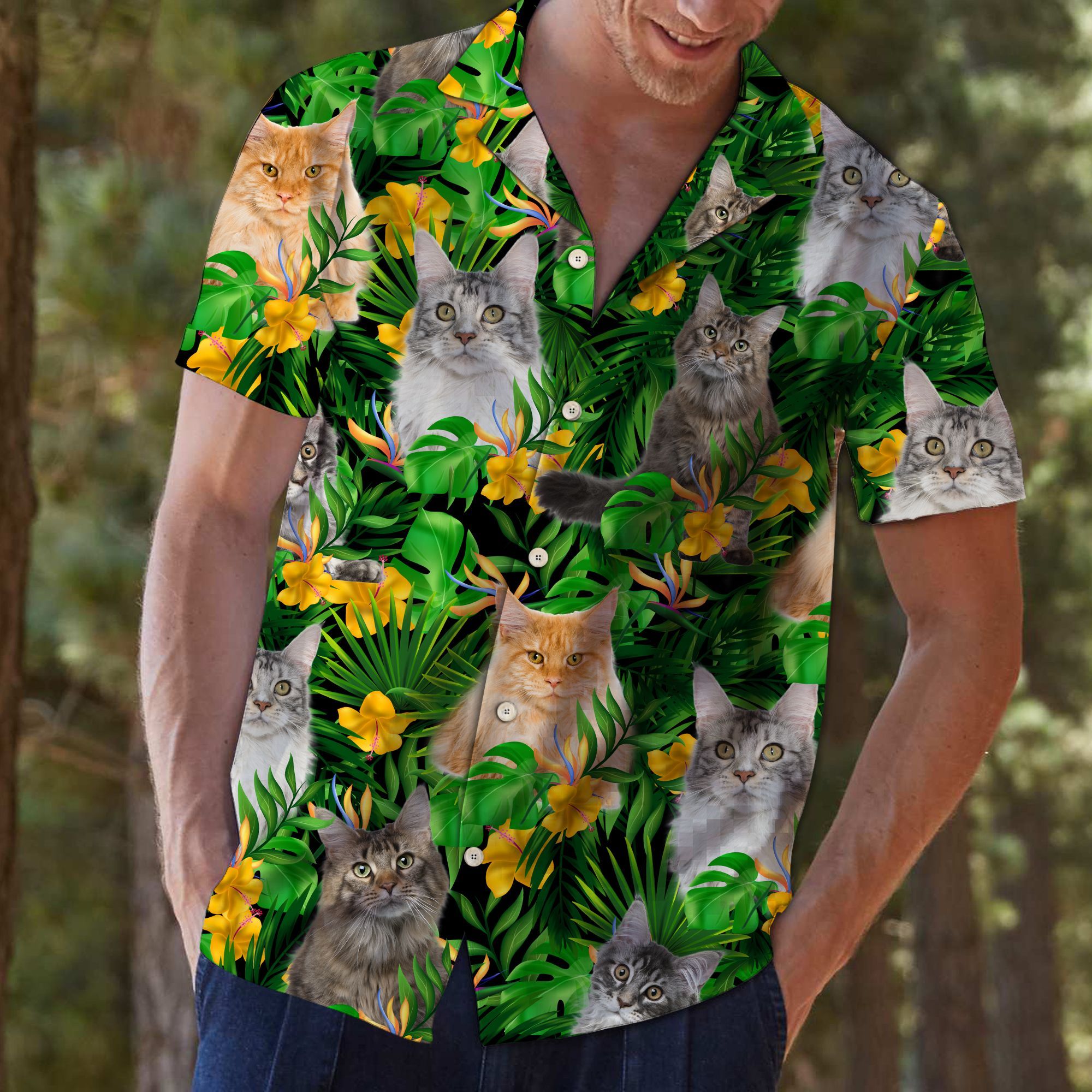 Maine Coon Tropical Wild Flowers Hawaiian Shirt For Men, Hawaiian Shirt For Women, Aloha Shirt, Hawaii Shirt