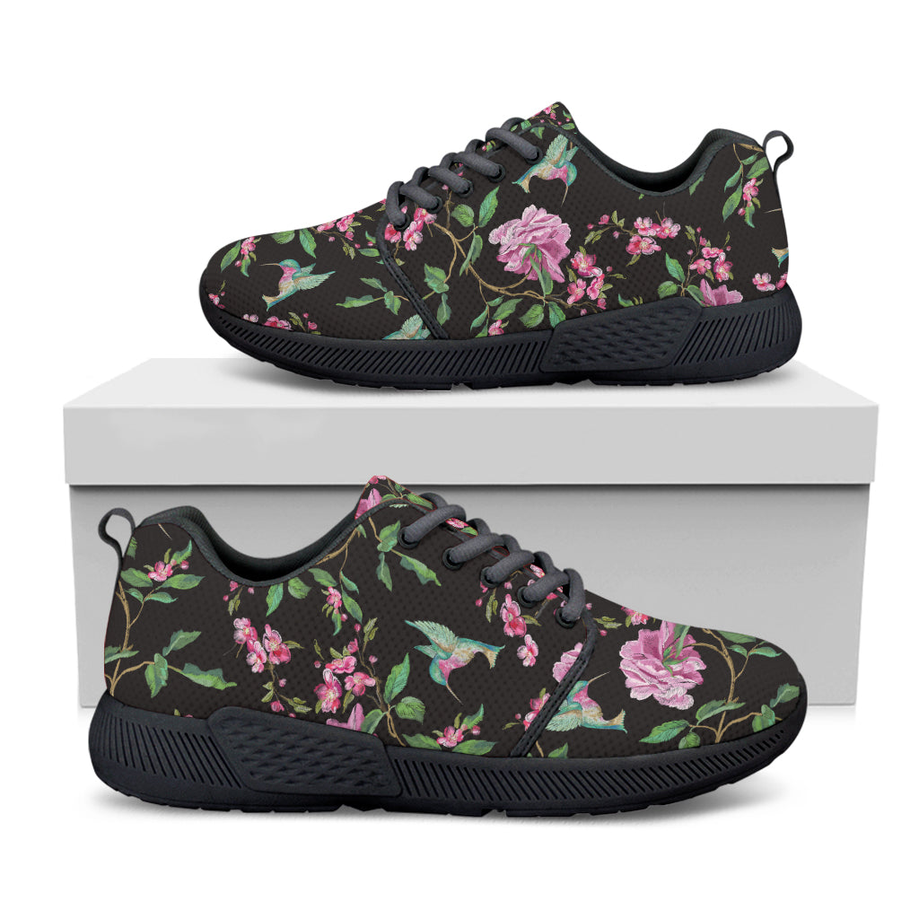 Vintage Floral Hummingbird Print Black Athletic Shoes