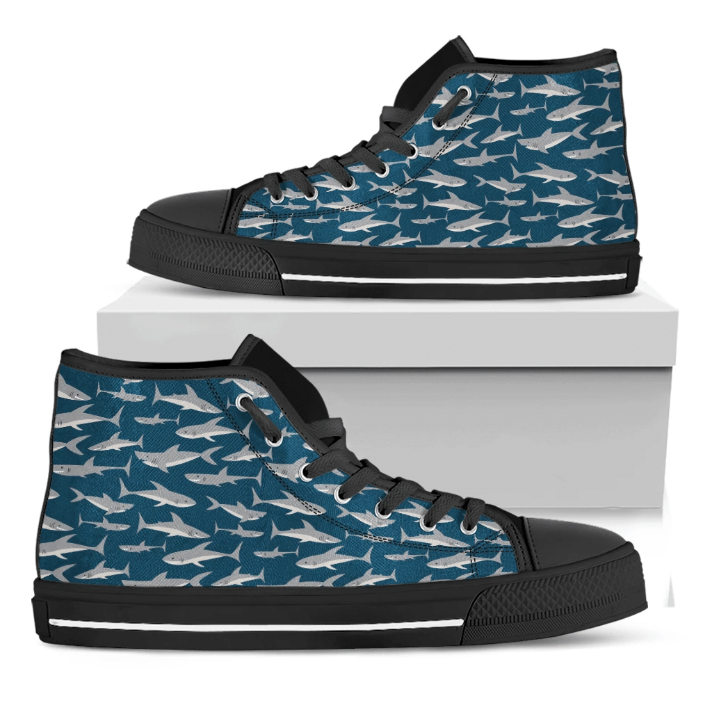 White Shark Pattern Print Black High Top Shoes For Men And Women