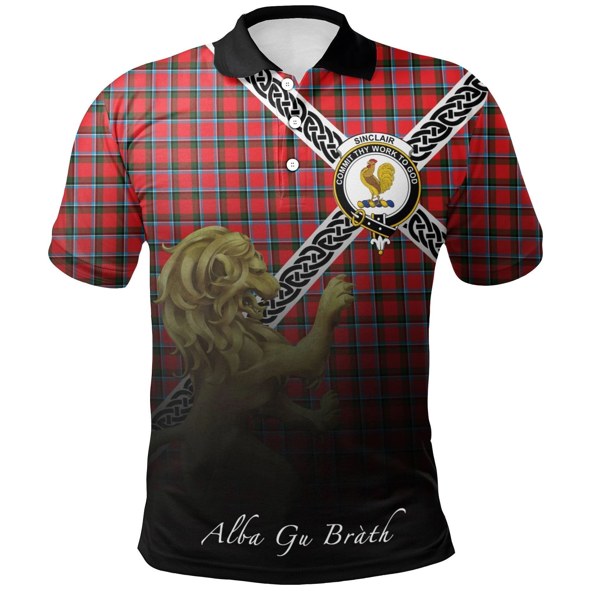 Sinclair Modern Clan Polo Shirt, Scottish Tartan Sinclair Modern Clans Polo Shirt Celtic Lion Style