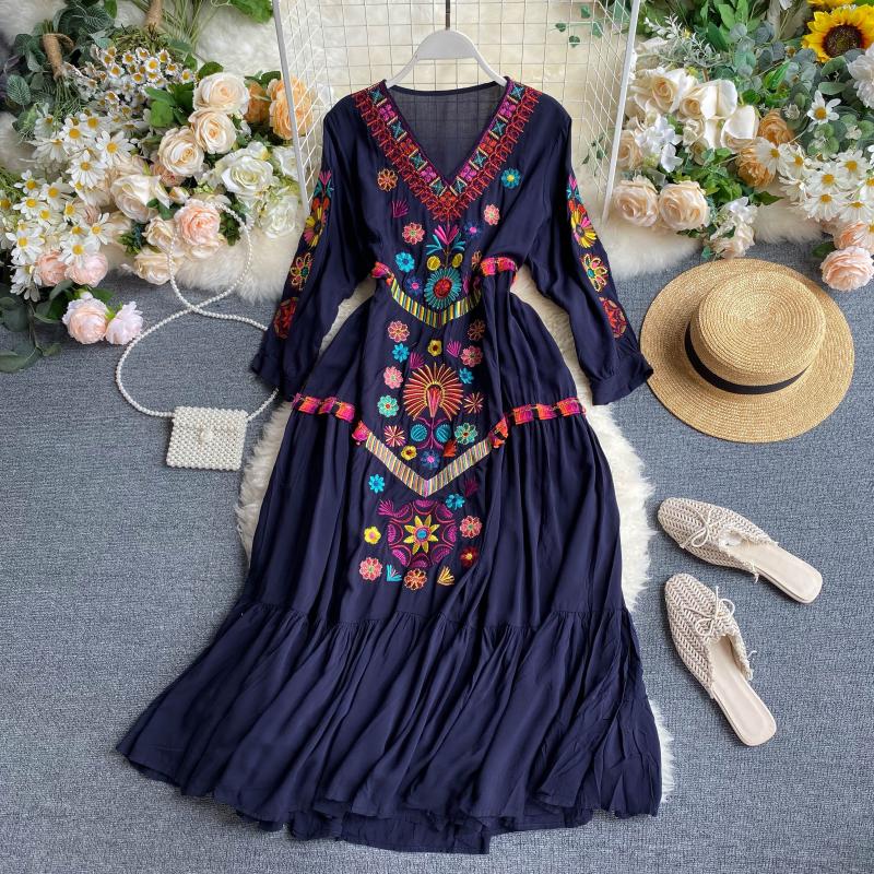 White Boho Vintage Style Hand Embroidered Robe Summer 2022 Mexican Dress Vintage Loose Ladies Dress Vestido Solto Vintage alx