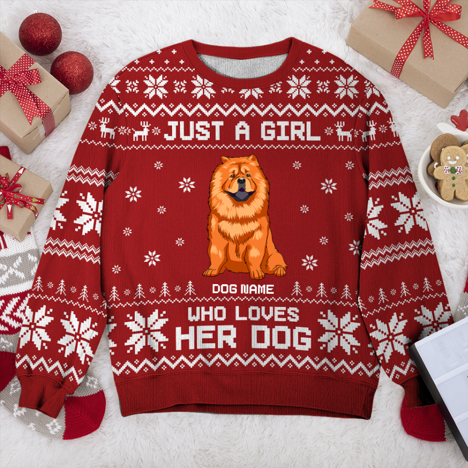 Chow Chow Just A Girl Personalized Sweater, Dog Ugly Christmas Sweater