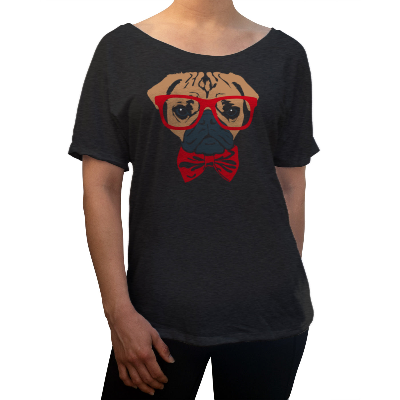 Women’S Bowtie And Glasses On A Pug Scoop Neck T-Shirt