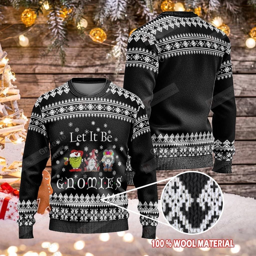 Unifinz Gnome Christmas Ugly Sweater Three Gnomes Let It Be Gnomies Christmas Pattern Black White Sweater 2022