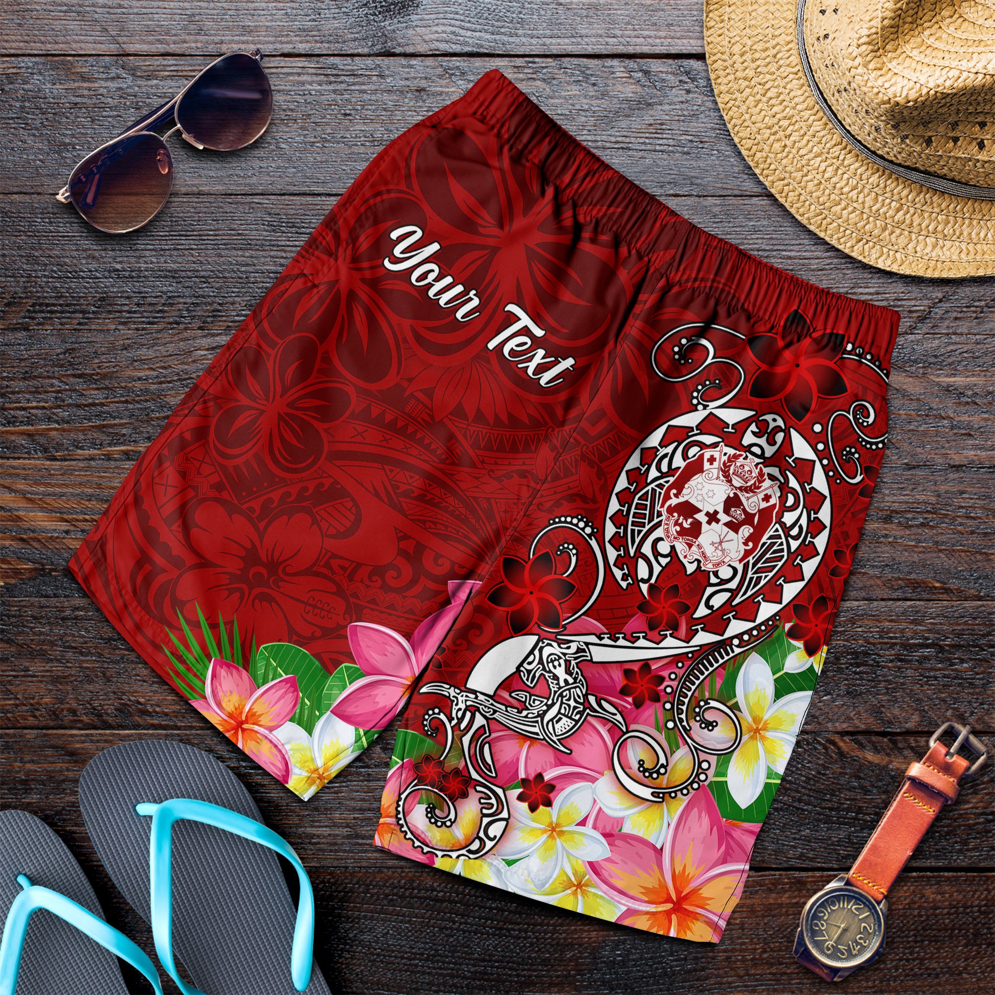 Tonga Custom Personalised Men’s Shorts – Turtle Plumeria (RED) – BN18