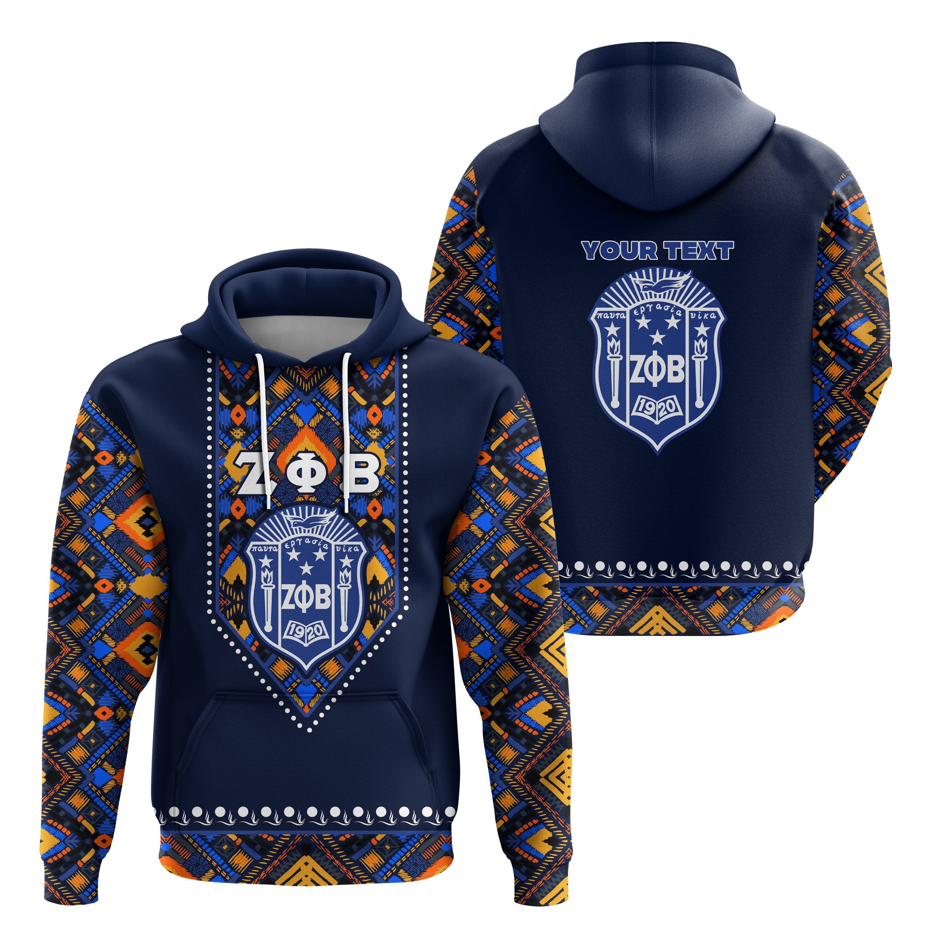 (Custom Personalised) Greek Life Hoodie – Zeta Phi Beta African Pattern – Navy Lt16