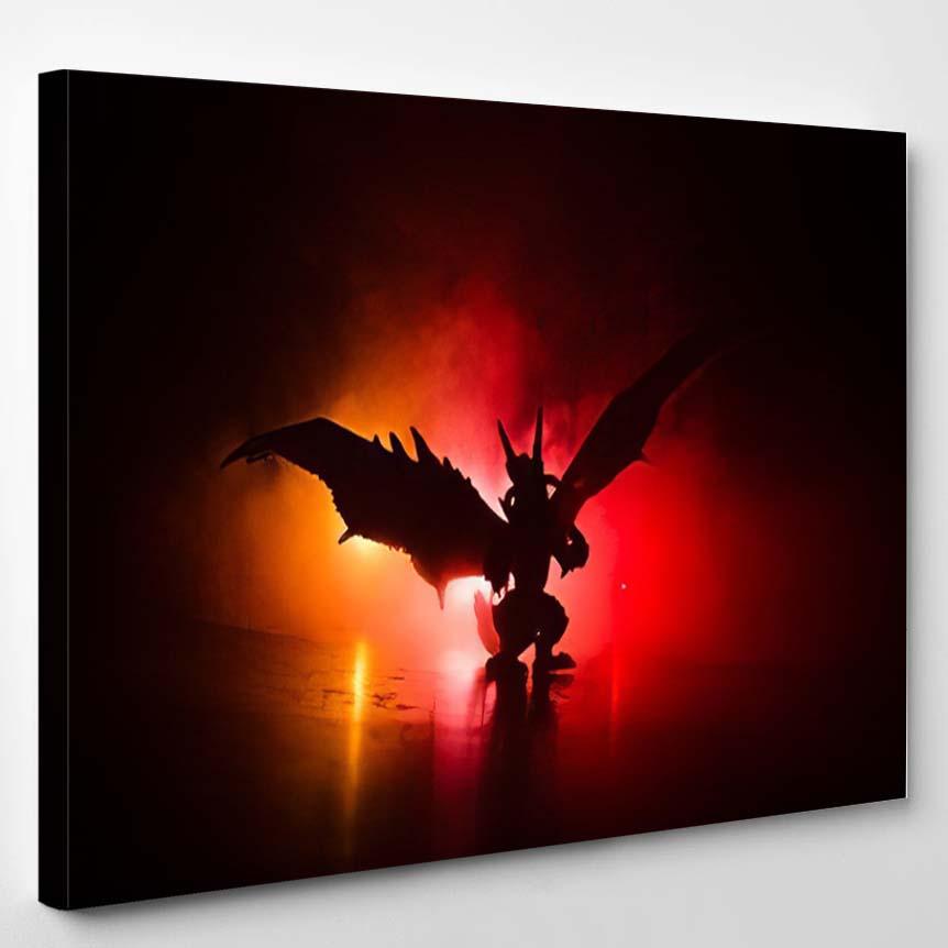 Silhouette Fire Breathing Dragon Big Wings 1 – Dragon Animals Canvas Print