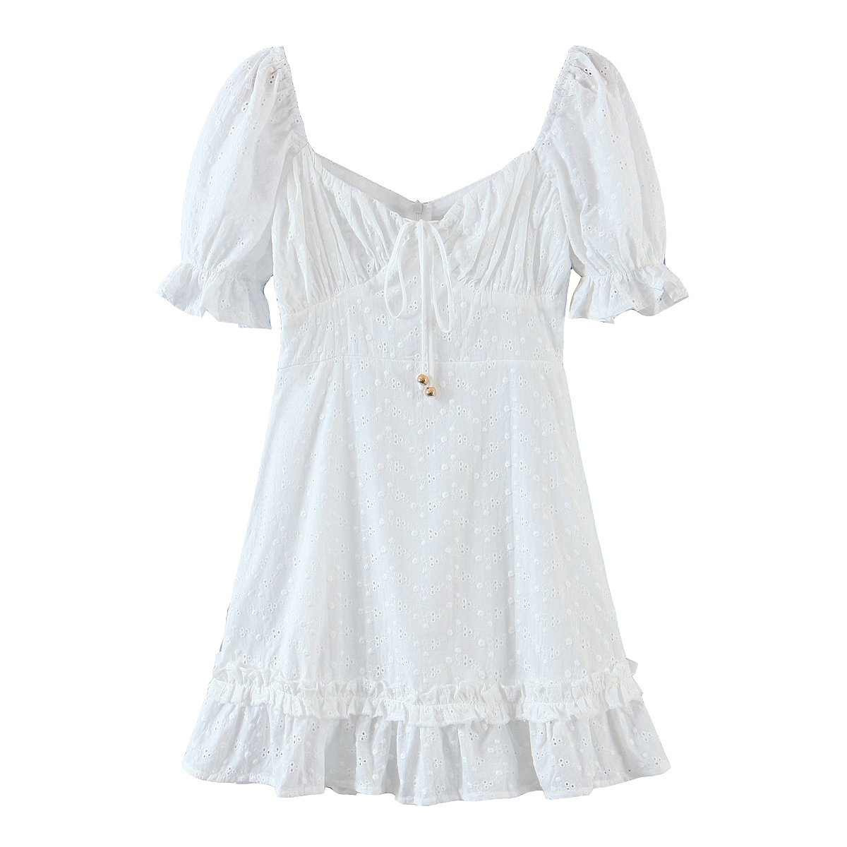 Short sleeve dress women vintage embroidered dresses summer ruffle dress slim mini dress hollow out lace up dresses white alx