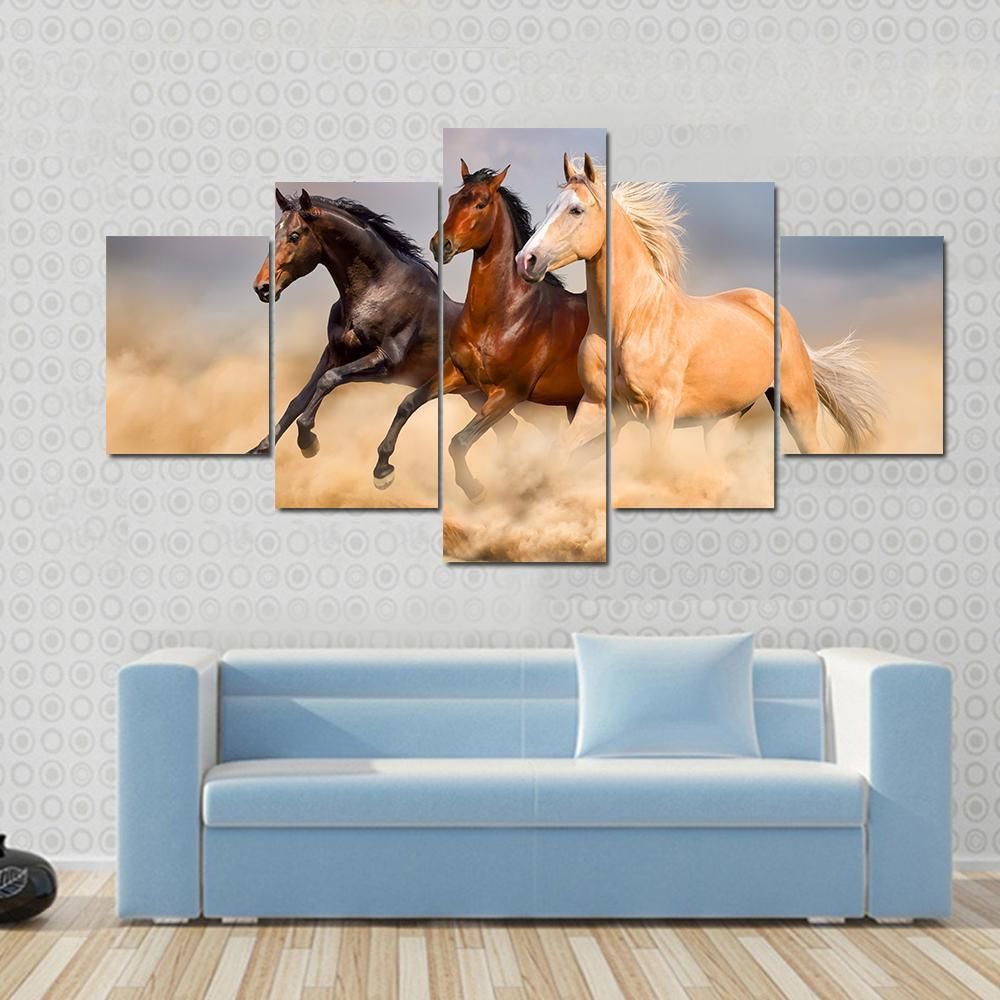 Running Horses In Desert Animal 5 Panel Canvas Art Wall Decor