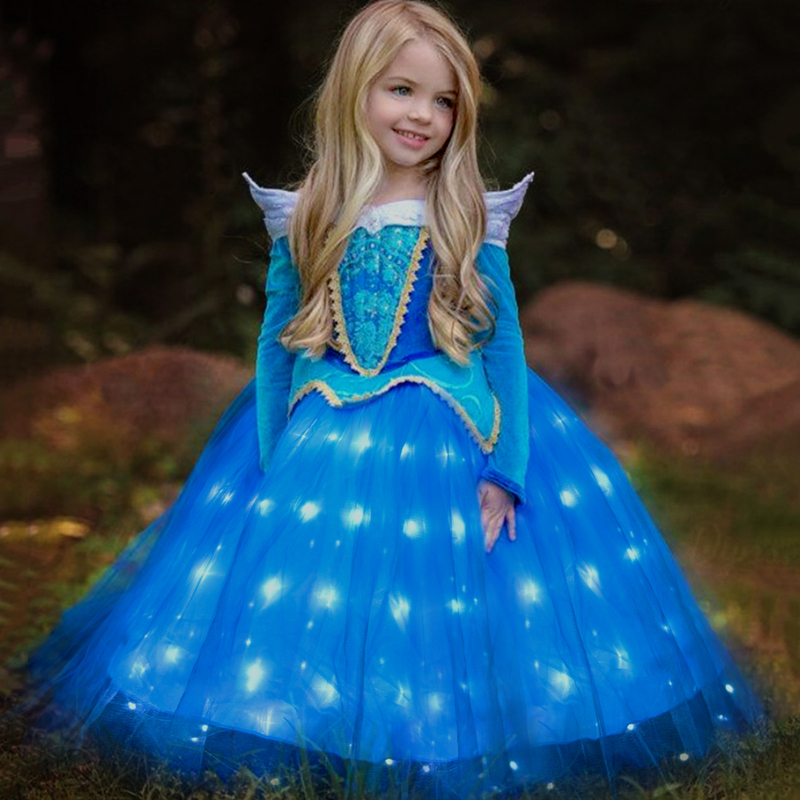 Uporpor LED Sleeping Beauty Aurora Princess Girl Dress Children Charm Cosplay Carnival Dresses Up Clothes Birthday Party Outfits alx