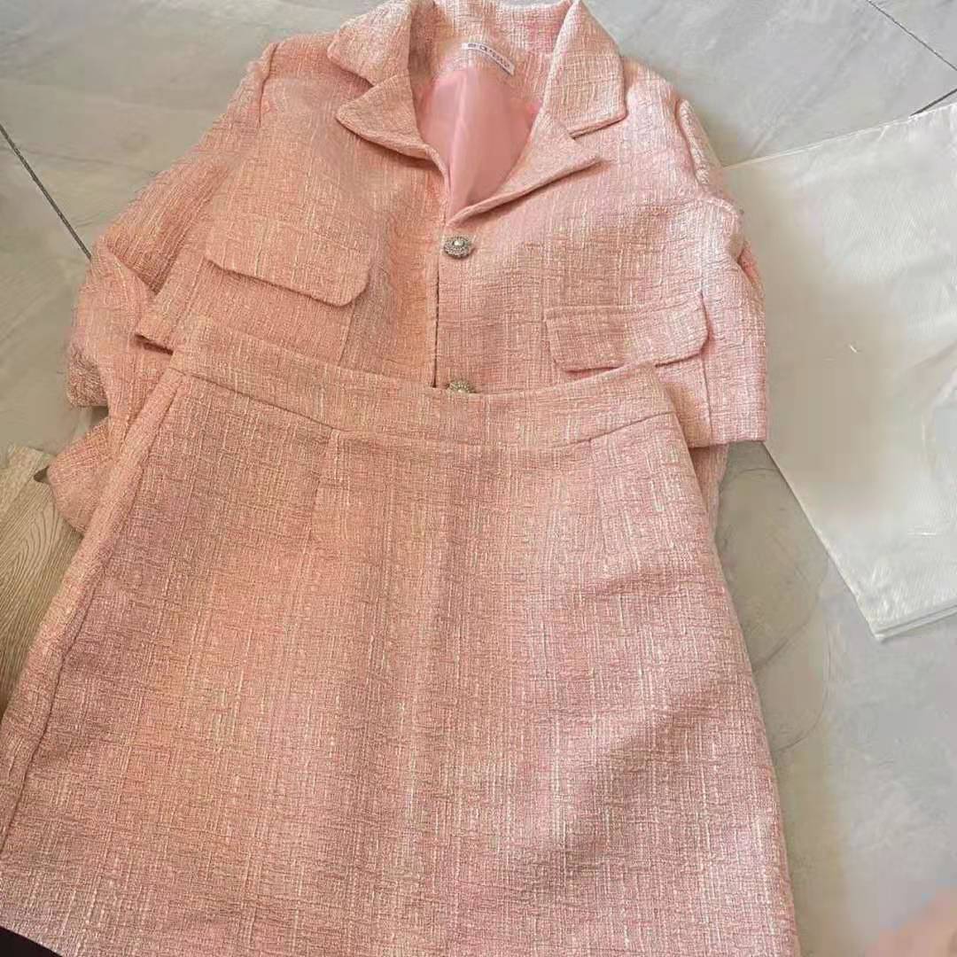 Temperament Korean Notched Pink Tweed Jacket Women Crop Long Sleeve Blazer Top Mini Wrap Hip Skirt Suits Elegant Sexy Autumn alx