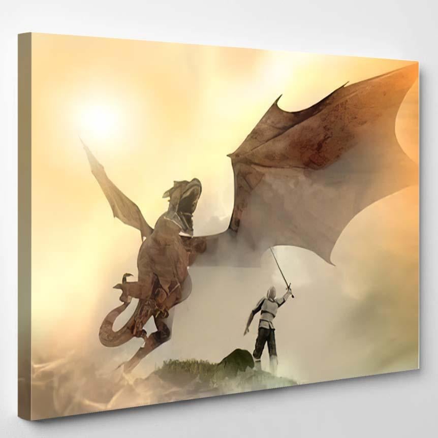 3D Illustration Knight Fighting Dragon Versus 1 – Dragon Animals Canvas Print