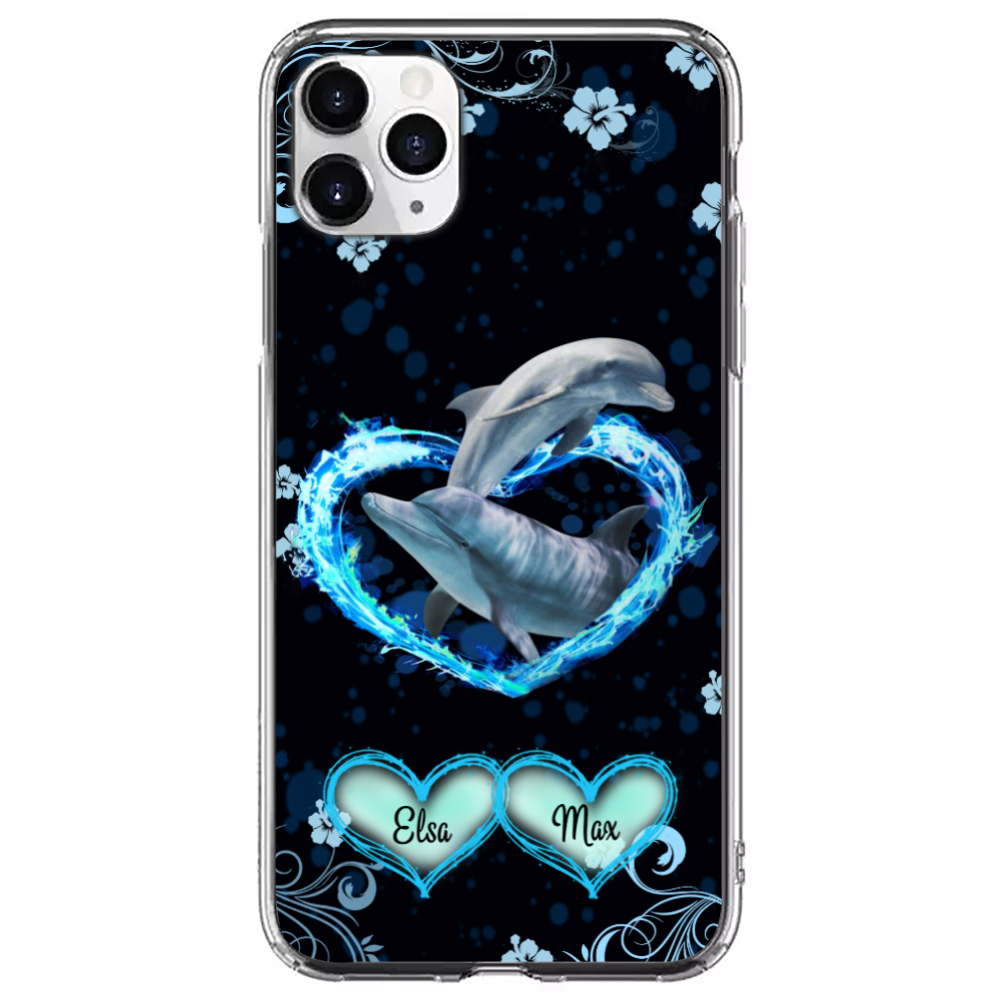 Excoolent Custom Phone Case For Couples – Birthday Gift With Personalized Name – 2 Dolphins With Heart