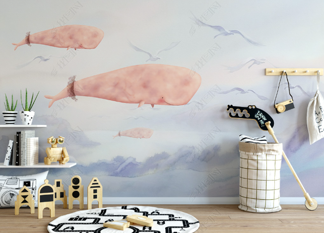 3D Hand Drawn Sky Animal Whale Wall Mural Wallpaper Lqh 147