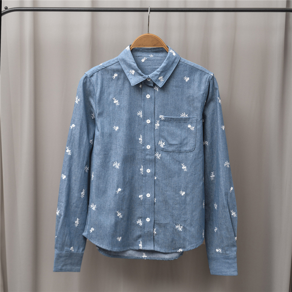 Blue Women Embroidery Floral Shirts Top Turn-down Collar One Pocket 2022 Early Spring New Ladies Blouse with Buttons alx