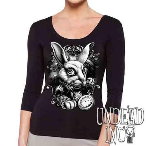 Alice In Wonderland White Rabbit Black & Grey – Ladies 3/4 Long Sleeve Tee