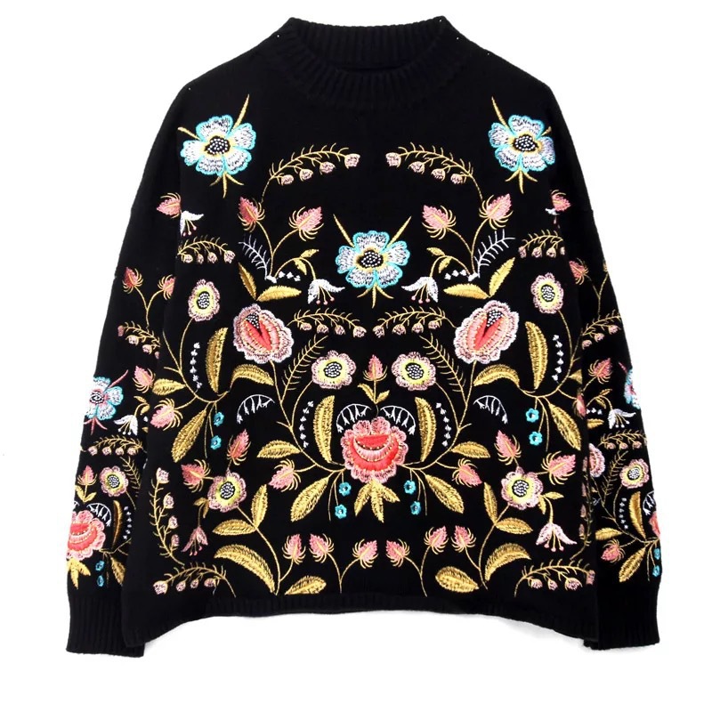 2022 Vintage Pullover Embroidery Round Collar Flowers Top Loose Korean Autumn Winter Jumper Long Sleeve Women Fashion Sweater alx