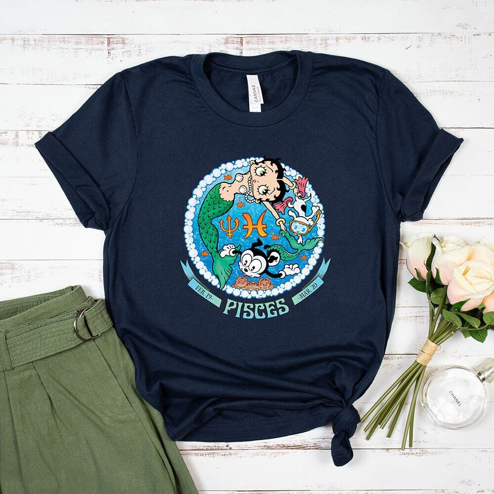 Betty Boop T-shirt, Pisces Tee, Betty Boop Zodiac Signs, Astrology Signs Shirt, Earth Elements Water, Dates, Horoscope Betty Boop Tshirt  Rughing's Signature Collection