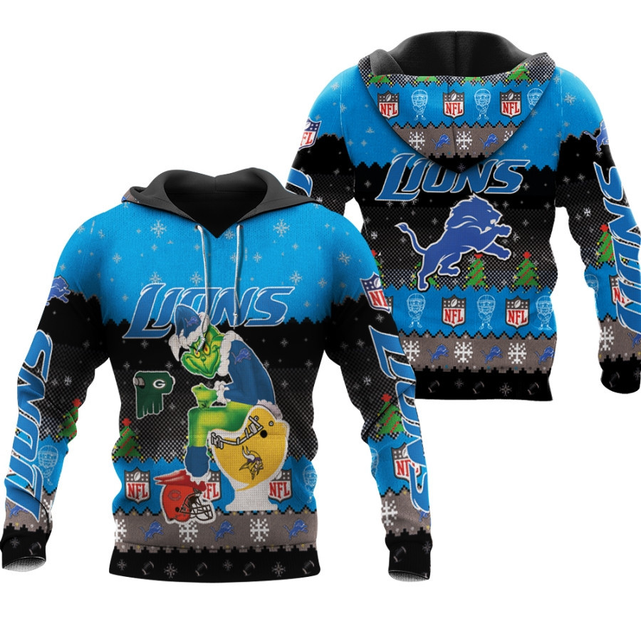 Santa Grinch Detroit Lions Sitting On Vikings Packers Bears Toilet Christmas Gift For Lions Fans Hoodie