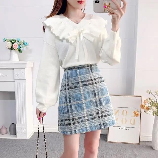 Women 2022 Autumn Winter New 2 Piece Sets Female Long Sleeve Bow Knit Sweater Tops + High Waist Woolen Skirts Ladies Suits Q367 alx