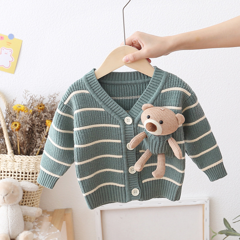 Boys Striped Sweater Cardigan Autumn and Winter Baby Wool Loose Children Cartoon Bear Coat Fashion Loose Girls Sweater alx