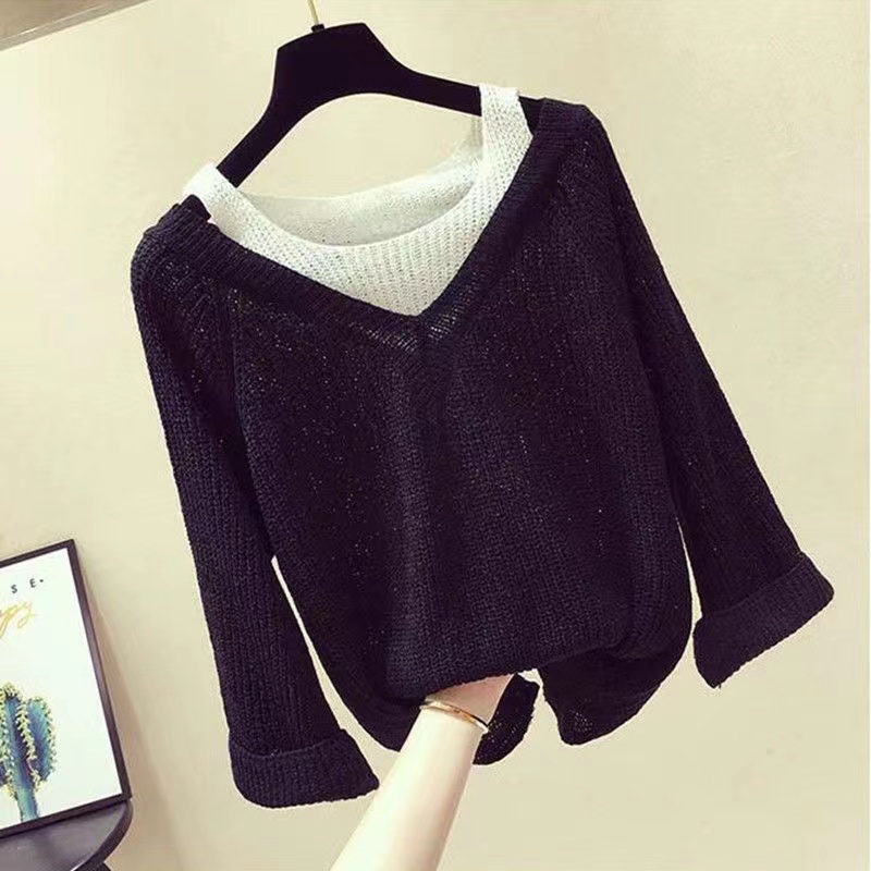 V-neck Lazy Wind Fake Two Long Sleeve Off Shoulder Sweater Loose Sweater Casual Sexy alx