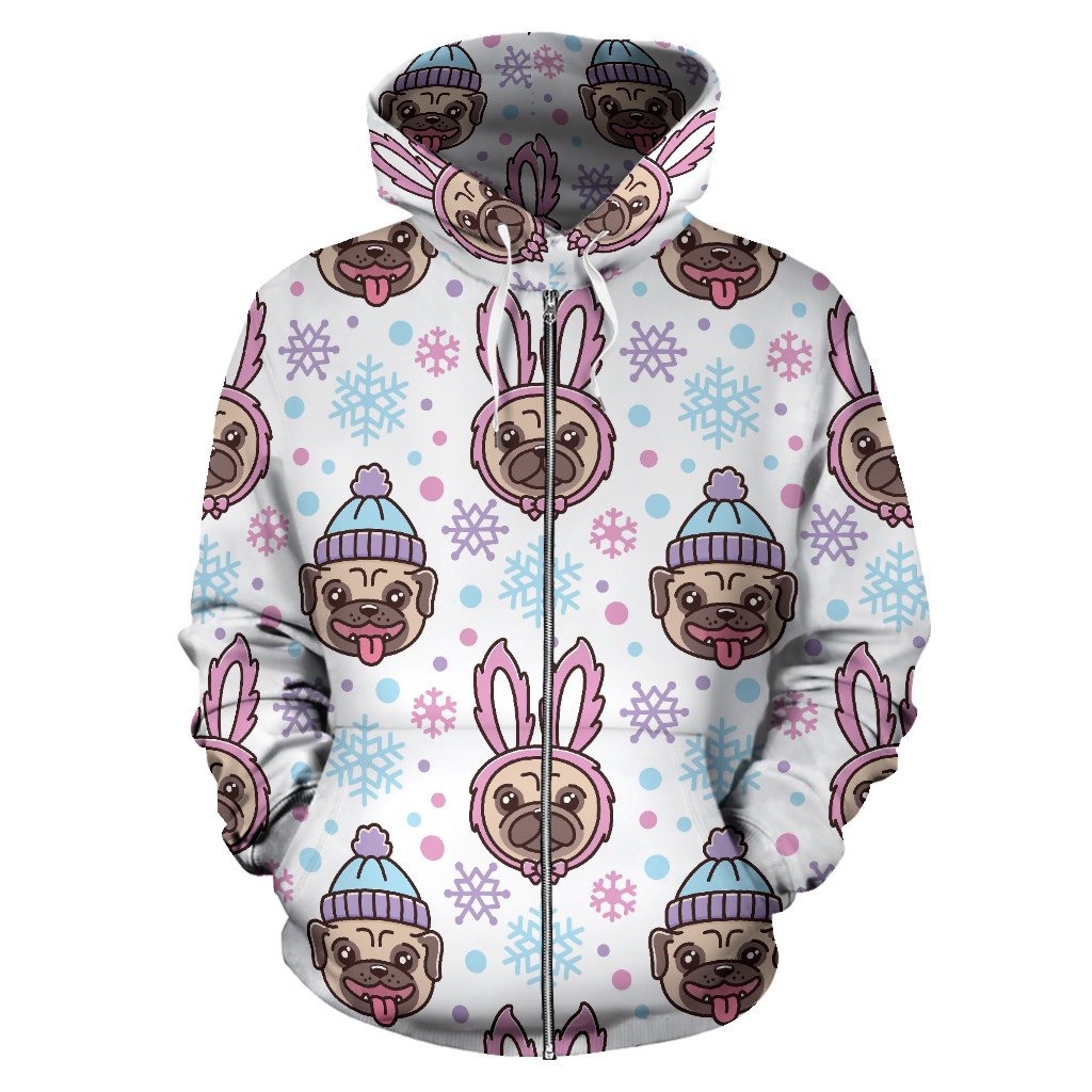 Cute Pug Hat Rabbit Costume Pattern Zip Up Hoodie