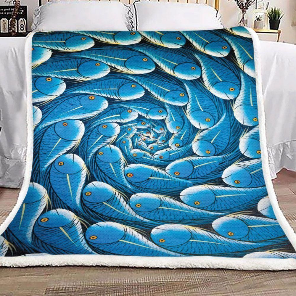 [Personalized Name] Blue Fish Artwork Fleece Blanket, Sherpa Blanket, Gift For Aunt Gift For Parent, Family Member, Friends Gift, Christmas Gift, Home Decor, Home Living