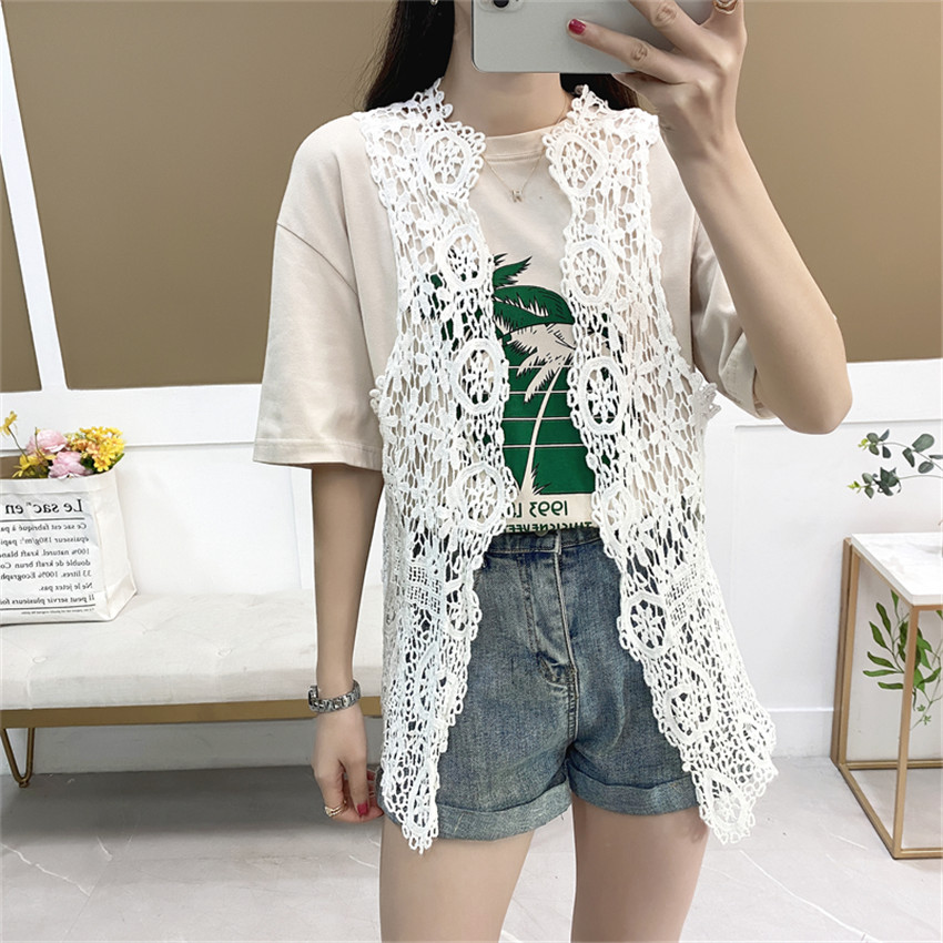 Spring Summer Lace Top Vest Sleeveless Waistcoat Women Hollow Out Crochet Open Stitch Cardigan Boho Beach Chalecos Mujer alx