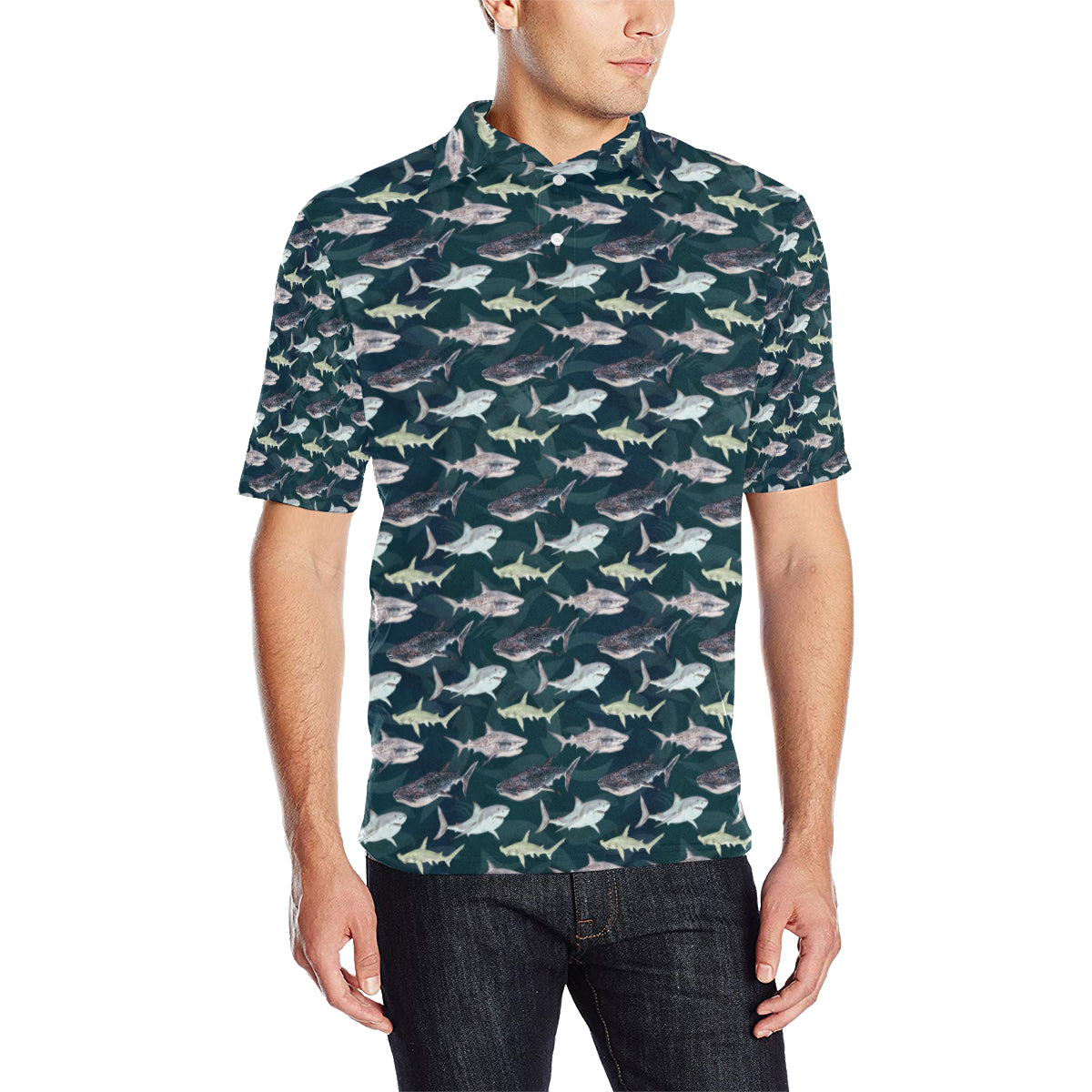 Shark Pattern Print Men Polo Shirt