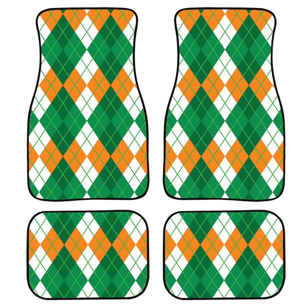 Green Orange And White Argyle Print Front And Back Car Floor Mats, Front Car Mat