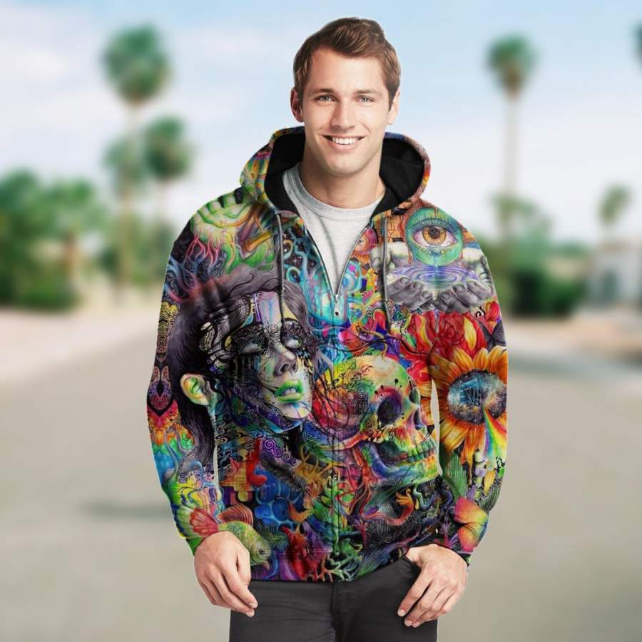 3D Colorful Abstract Skull and Girl Unisex Zip Up Hoodie 020