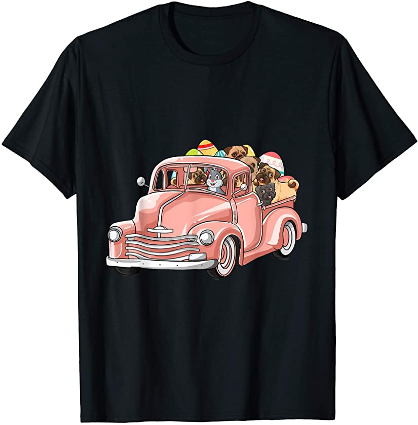 Bunny Riding Truck Easter Day Pug Dogs Eggs Hunt Mens Girl T-Shirt