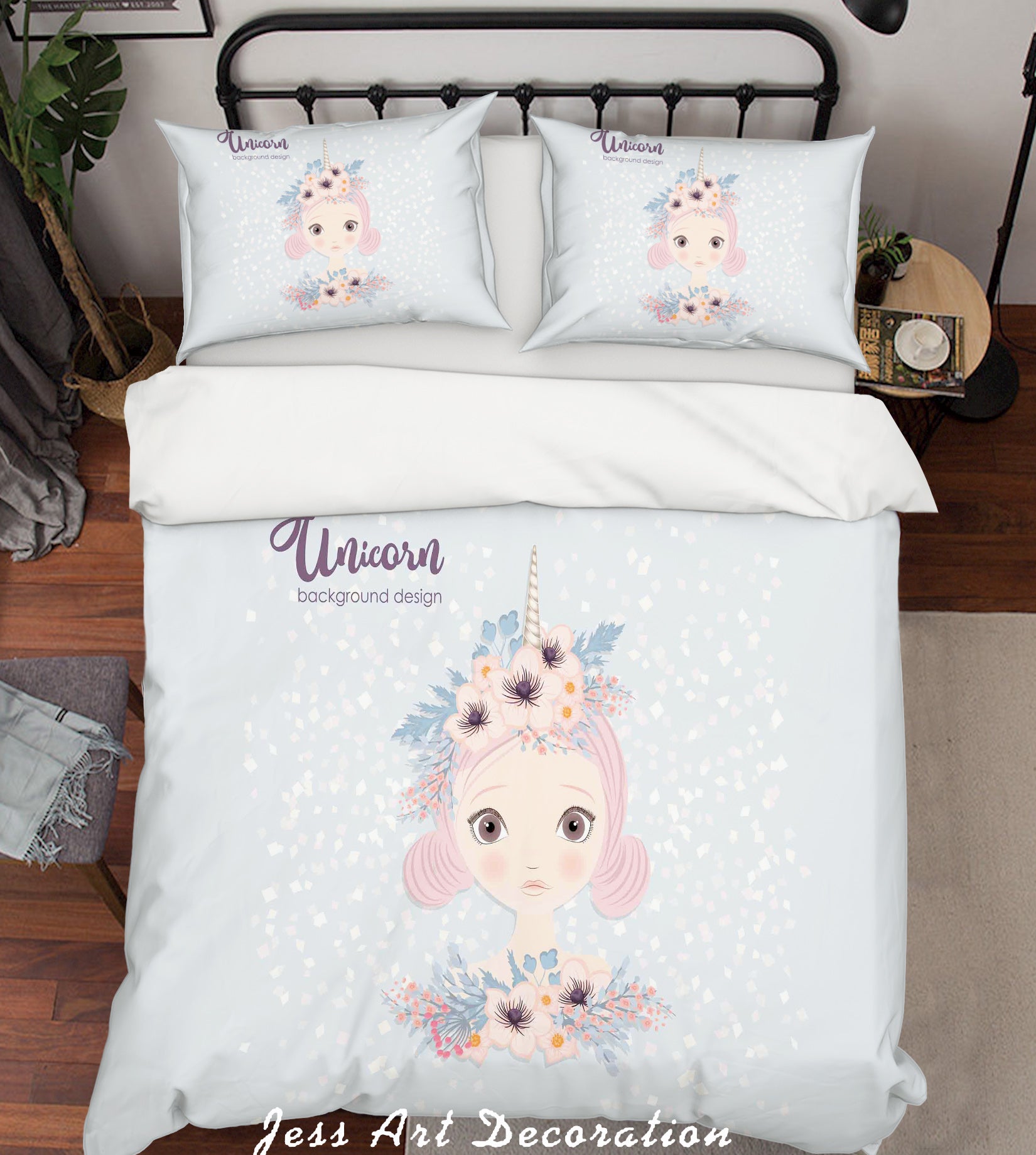 3D Blue Girl Unicorn Floral Quilt Cover Set Bedding Set Pillowcases 30