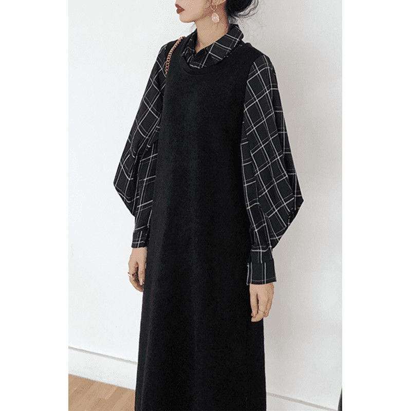 Black Plaid Dress Loose Sweater Women Mid-length Temperament Shirt Skirt Plus Size Dress Harajuku Dress alx