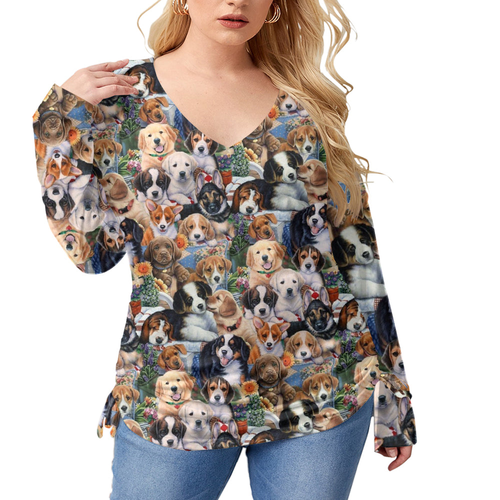 All Over Print Adorable Puppy V-Neck Plus Size T-Shirt