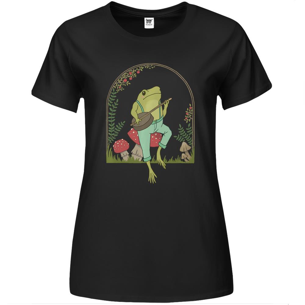 Cottagecore Aesthetic Frog Playing Banjo On Mushroom Cute Premium Womens T Shirts