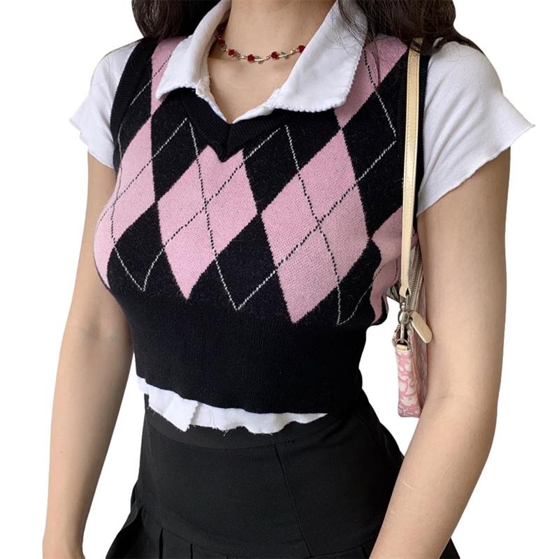 Vintage Plaid Sweater Vest Women V-neck Sleeveless Tank College Style Knitting Pullovers Tops for Daily alx