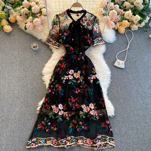 Summer New Arrival Women Vintage Mesh Floral Embroidery Maxi Dress Ladies Retro Bow A-line Slim Party Dress Plus Size alx