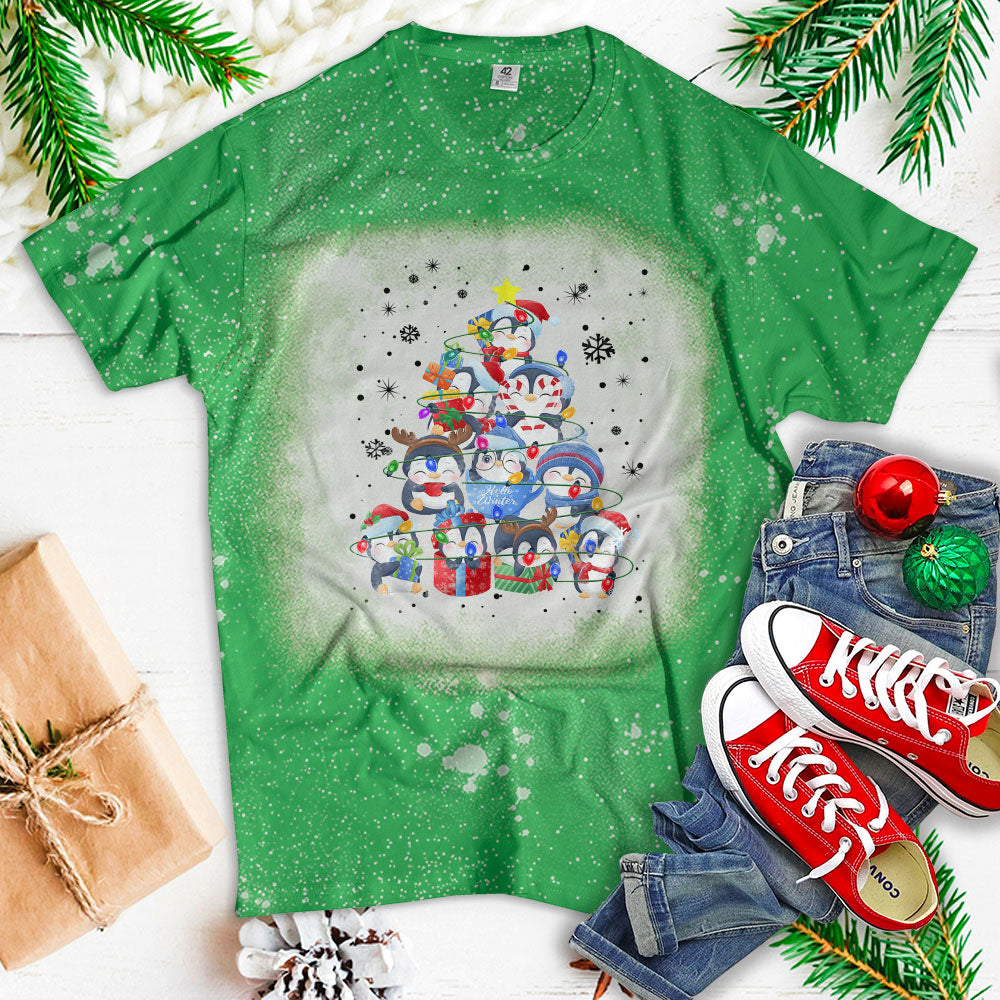 Cute Penguin Christmas Tree Gift Decor Xmas Tree Bleached T Shirt For Men Women