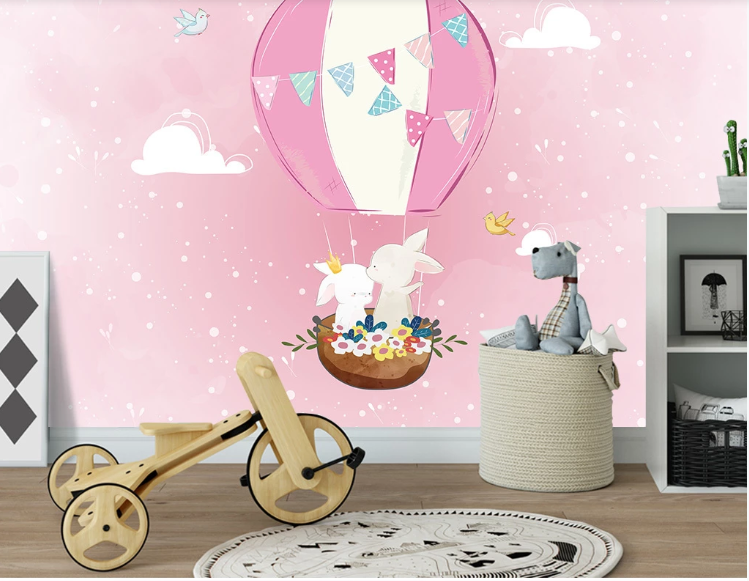 3D Cartoon Rabbit Hot Air Balloon Wall Mural Wallpaper 53