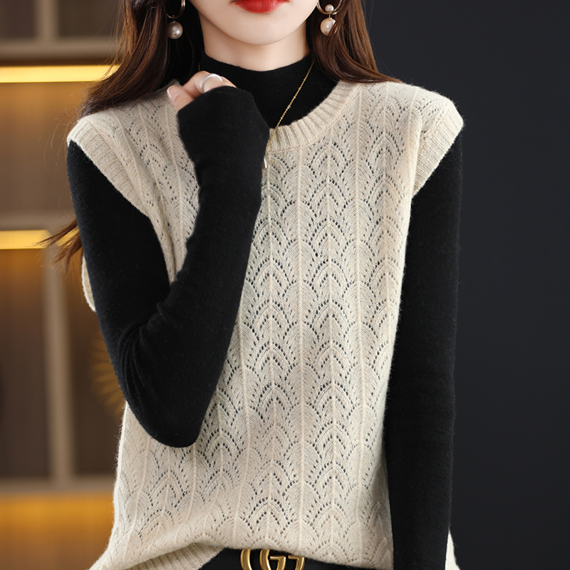 Spring And Autumn New Women’s Round Neck Pullover Knitted Wool Sexy Hollow Solid Color Loose Thin Section All-Match Sweater Vest alx