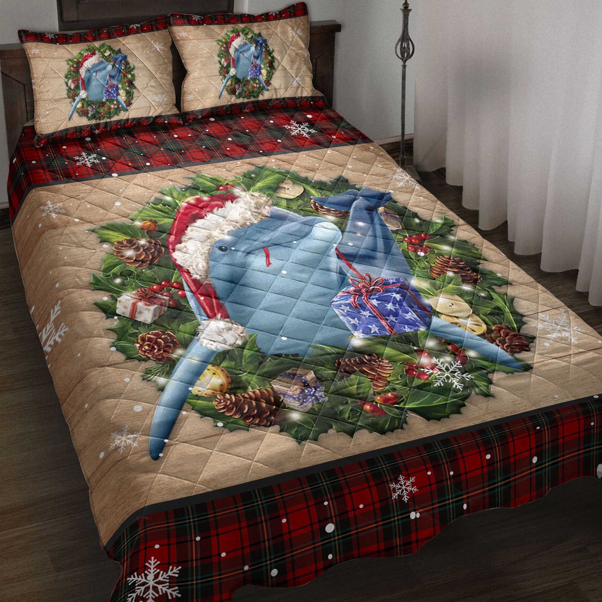 Dolphin Quilt Set, Dolphin Wearing Wreath Amas Hat Buffalo Plaid Holiday Quilt Blanket With Pillowcases, Quilt Bedding Set, Christmas Gift