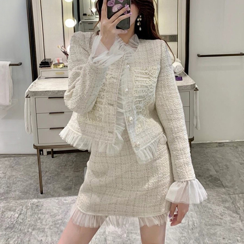 Small Fragrance 2021 New Spring Fall Vintage Skirt 2 Piece Set Women Luxury Buttons Woolen Tweed Jacket Short Coat + Skirt Suits alx